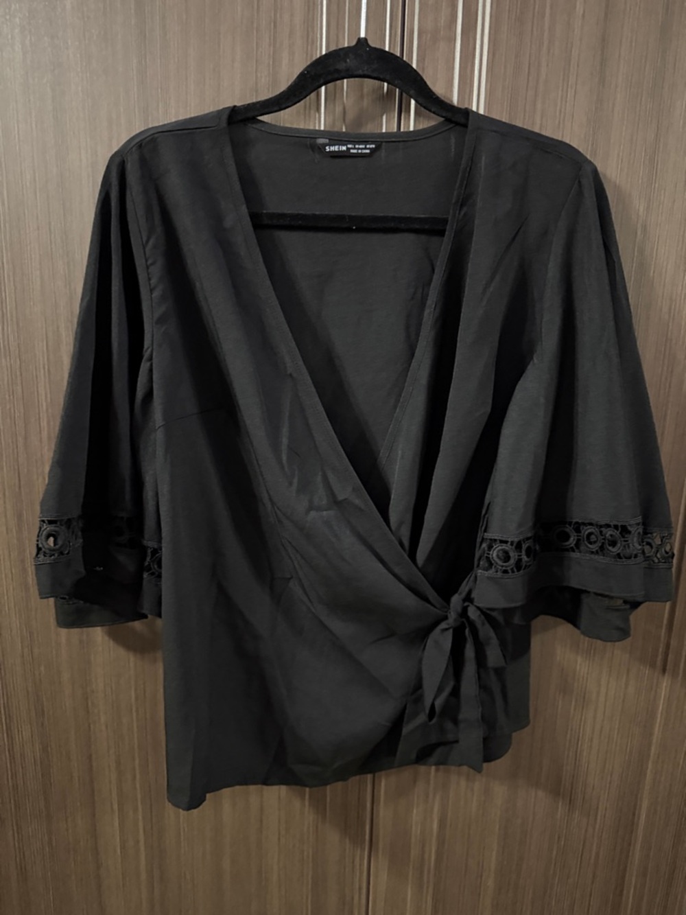SHEIN Black‎ Wrap Blouse with Lace Trim